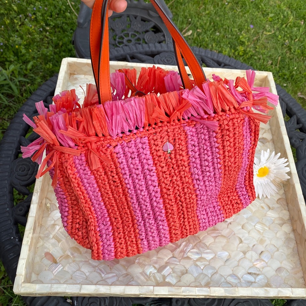 Women's Kate Spade Orange Pink Sam Stripe Straw Medium Satchel